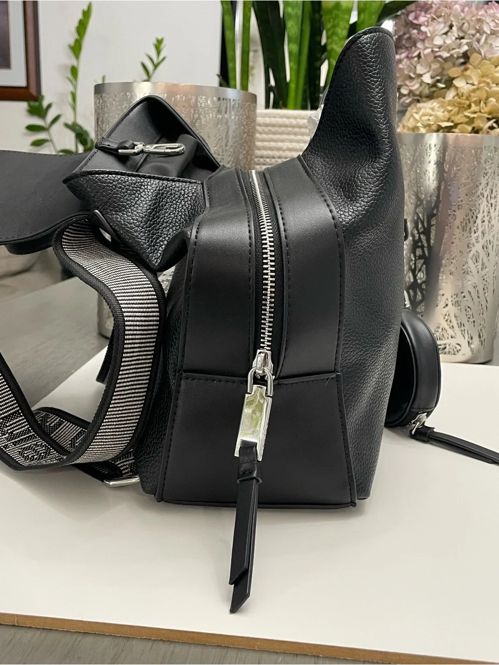 Calvin Klein Black Pebbled Leather Backpack with Detachable Coin Pouch